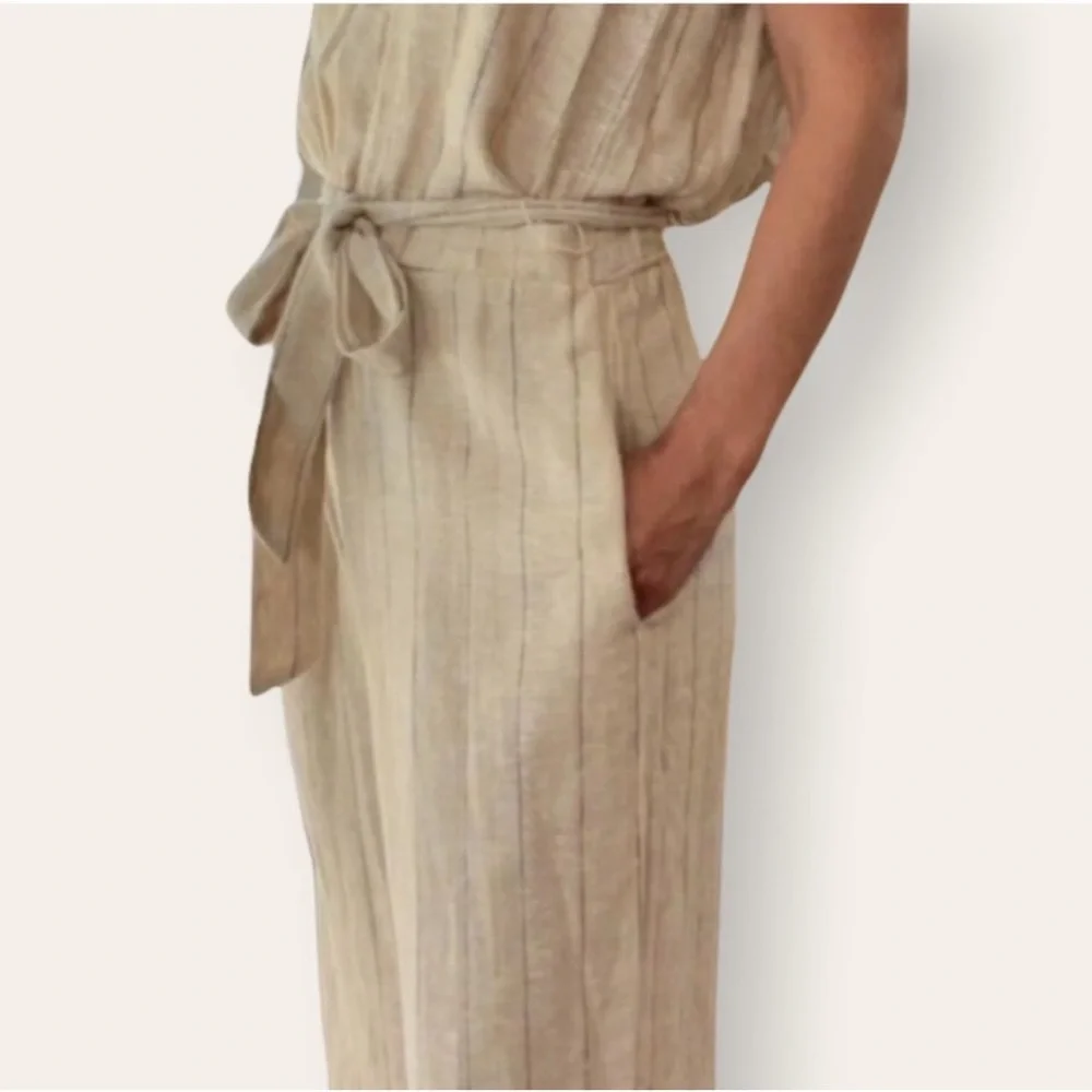 DREW x Anthropologie Striped Khaki Linen Blend Cropped Jumpsuit XS